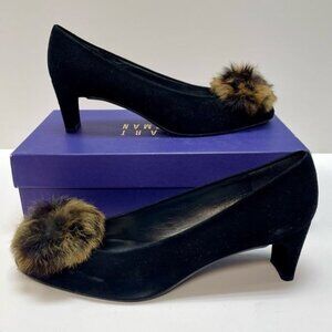 VINTAGE Stuart Weitzman Black Fulcrum Patent Heels Fur Toe Pom Pom Pumps 8.5 SS